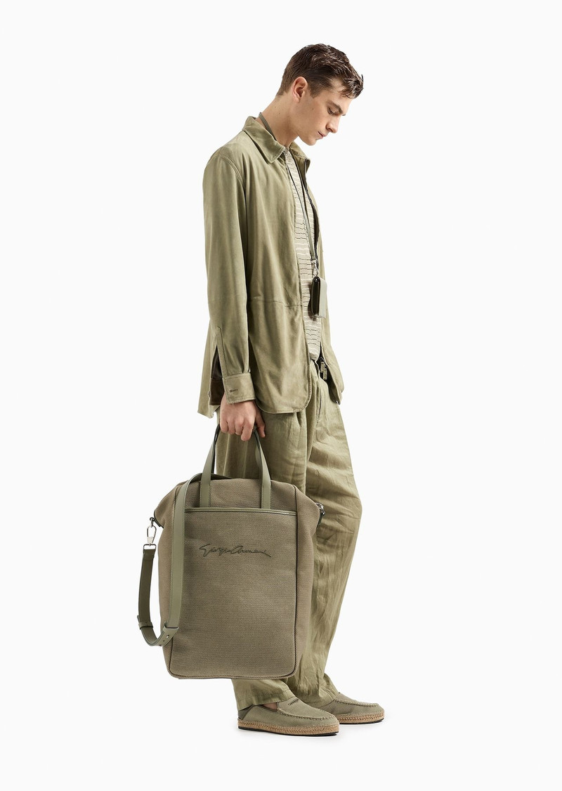 Vertical canvas and leather shopper bag 6