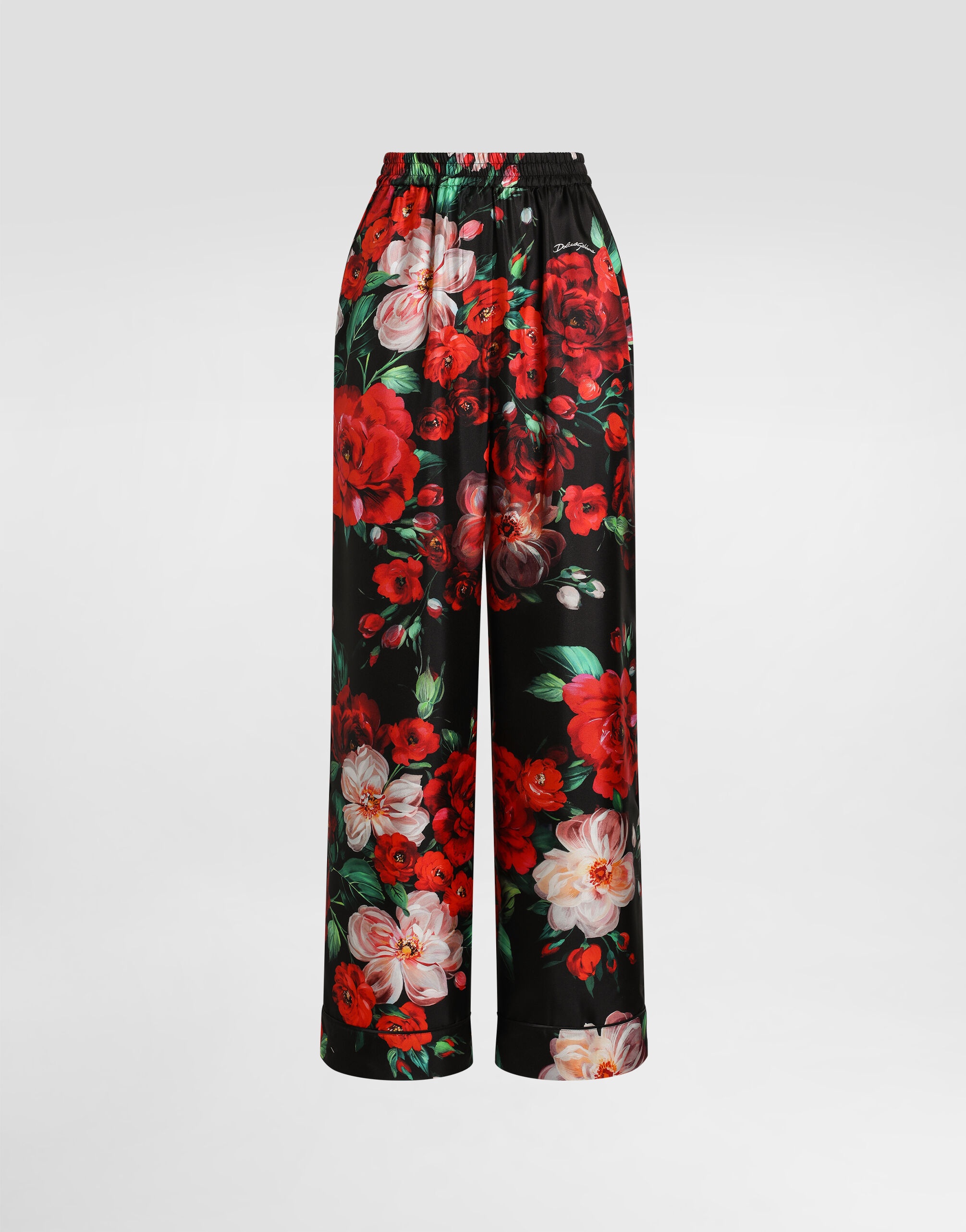 Satin pajama pants with rose print - 1