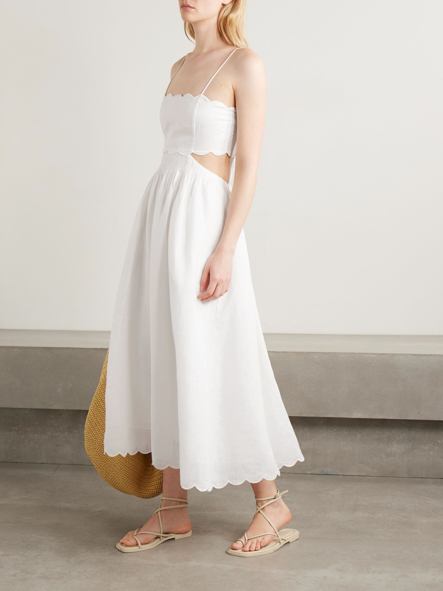 Rhiannon cutout pleated scalloped linen-voile midi dress Ivory - 2