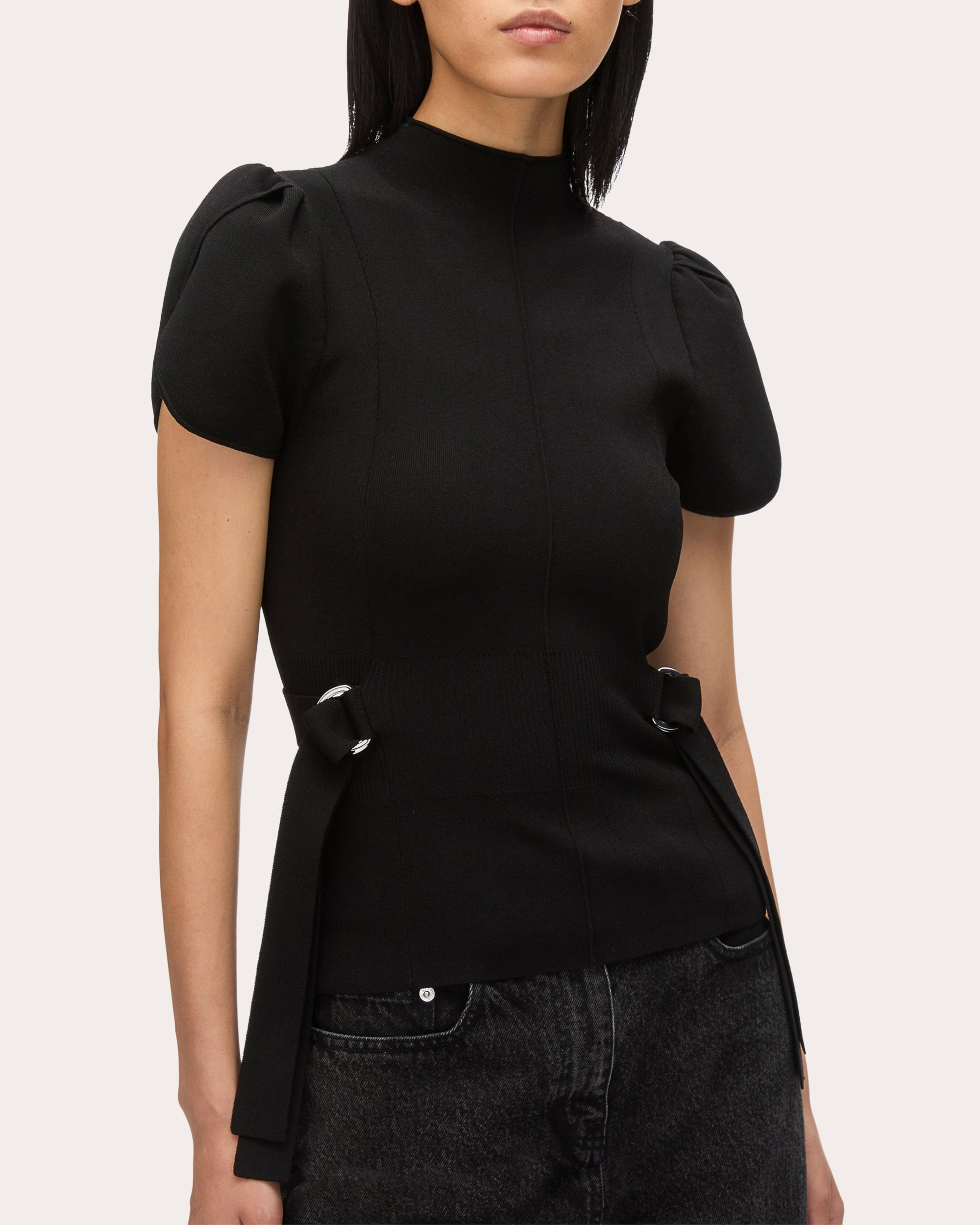 Compact Rib Knit Mock Neck Tulip-Sleeve Top - 3