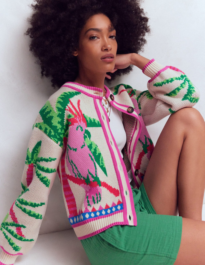 Abi Jacquard Cardigan-Warm Ivory, Palm Tree Birds 8