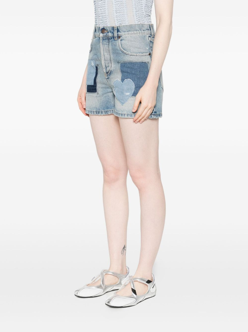 patchwork heart denim short shorts - 3