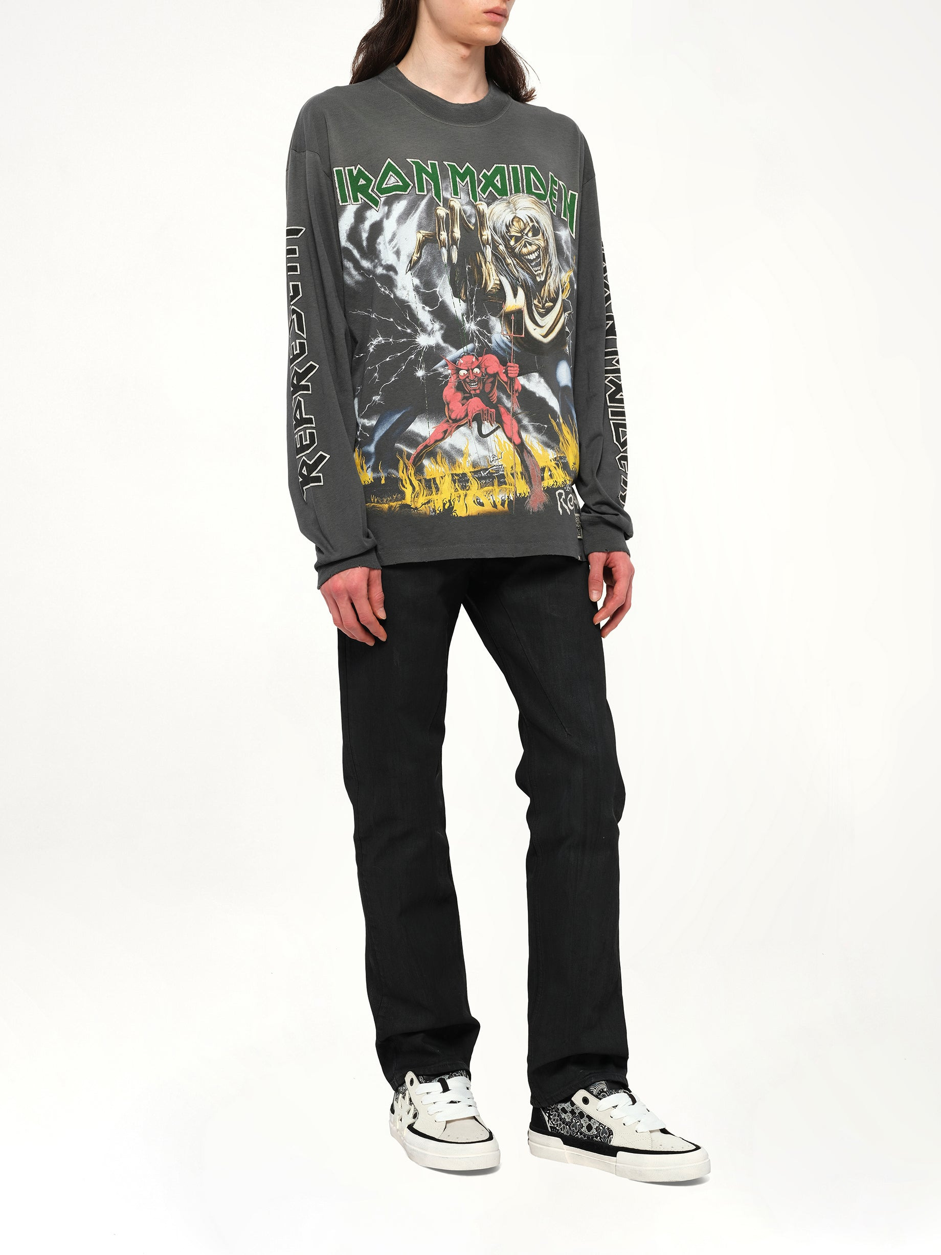 Iron Maiden Number of the Beast Long Sleeve T-Shirt in Sunfade Grey - 4