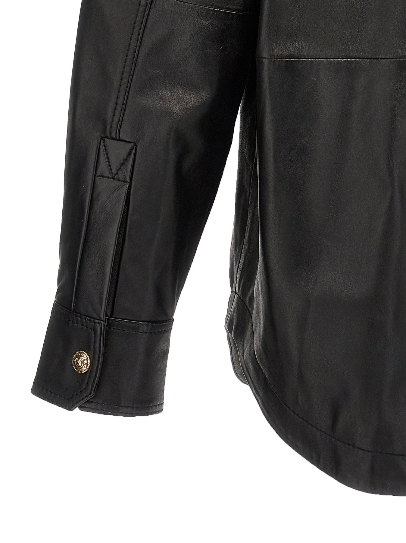 Logo Button Leather Jacket Casual Jackets, Parka Black - 4