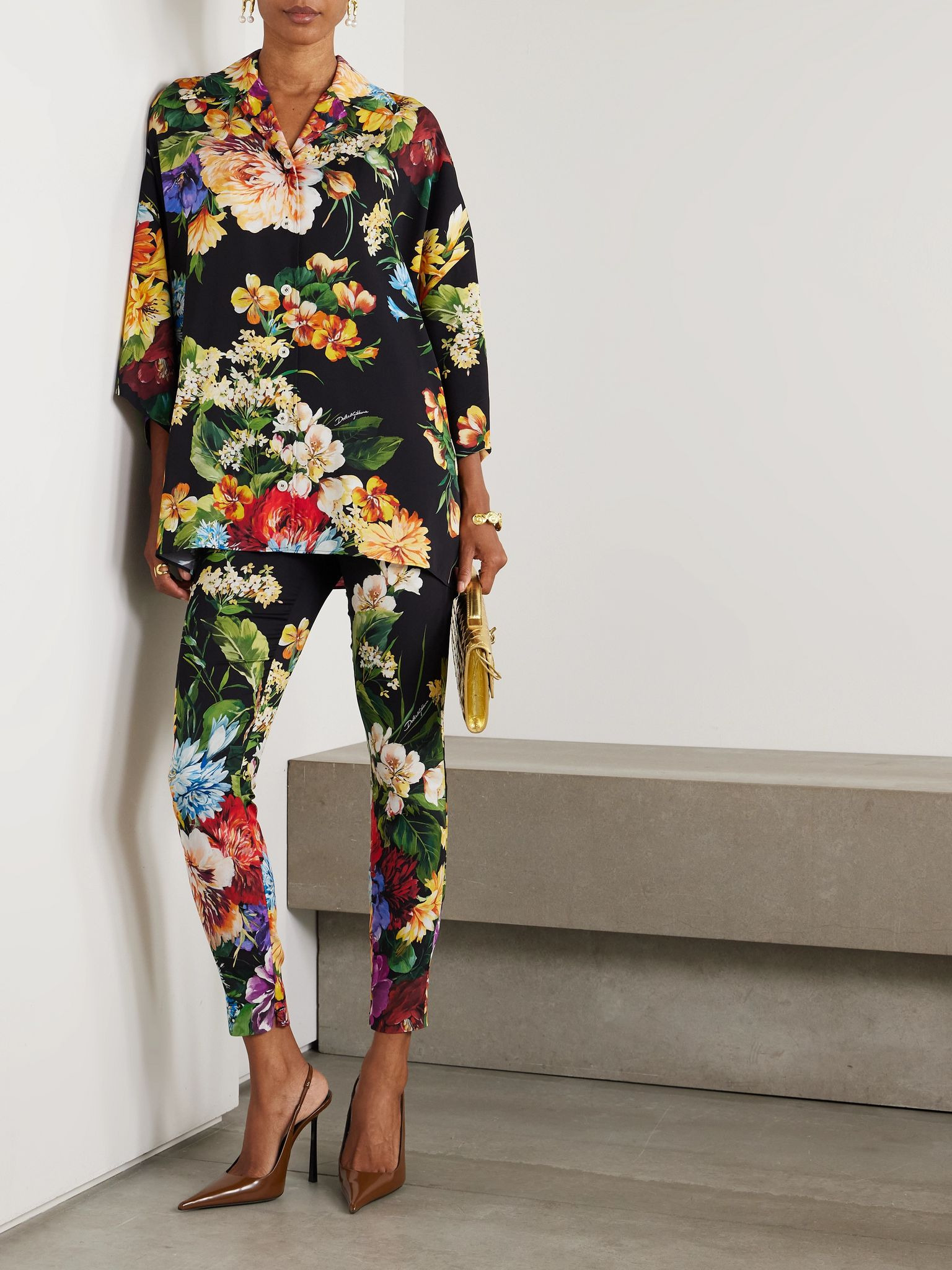 Floral-print silk-blend charmeuse skinny pants Black - 2