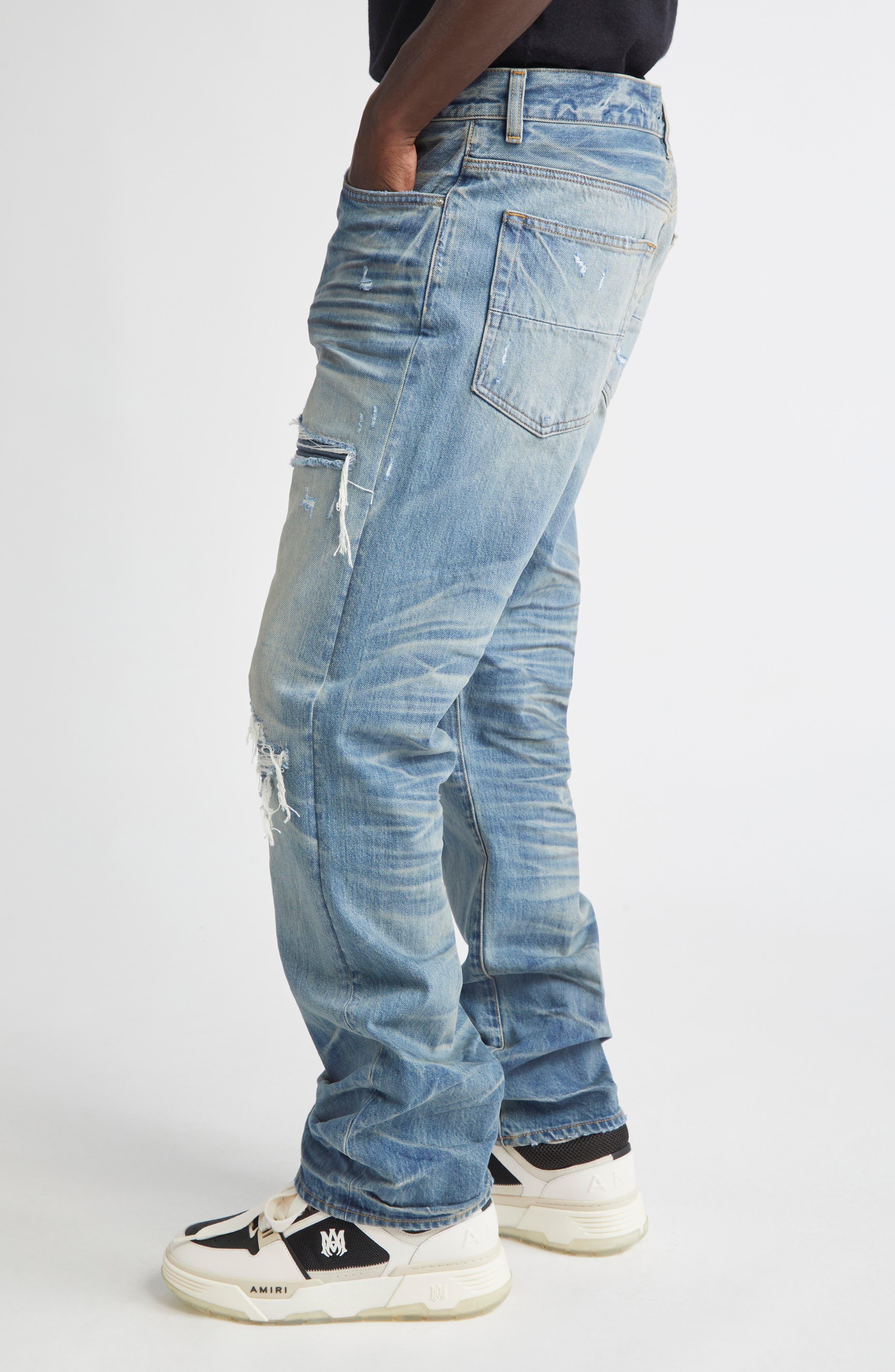 AMIRI MX1 Ripped Straight Leg Jeans in Honeycomb Indigo at Nordstrom - 4