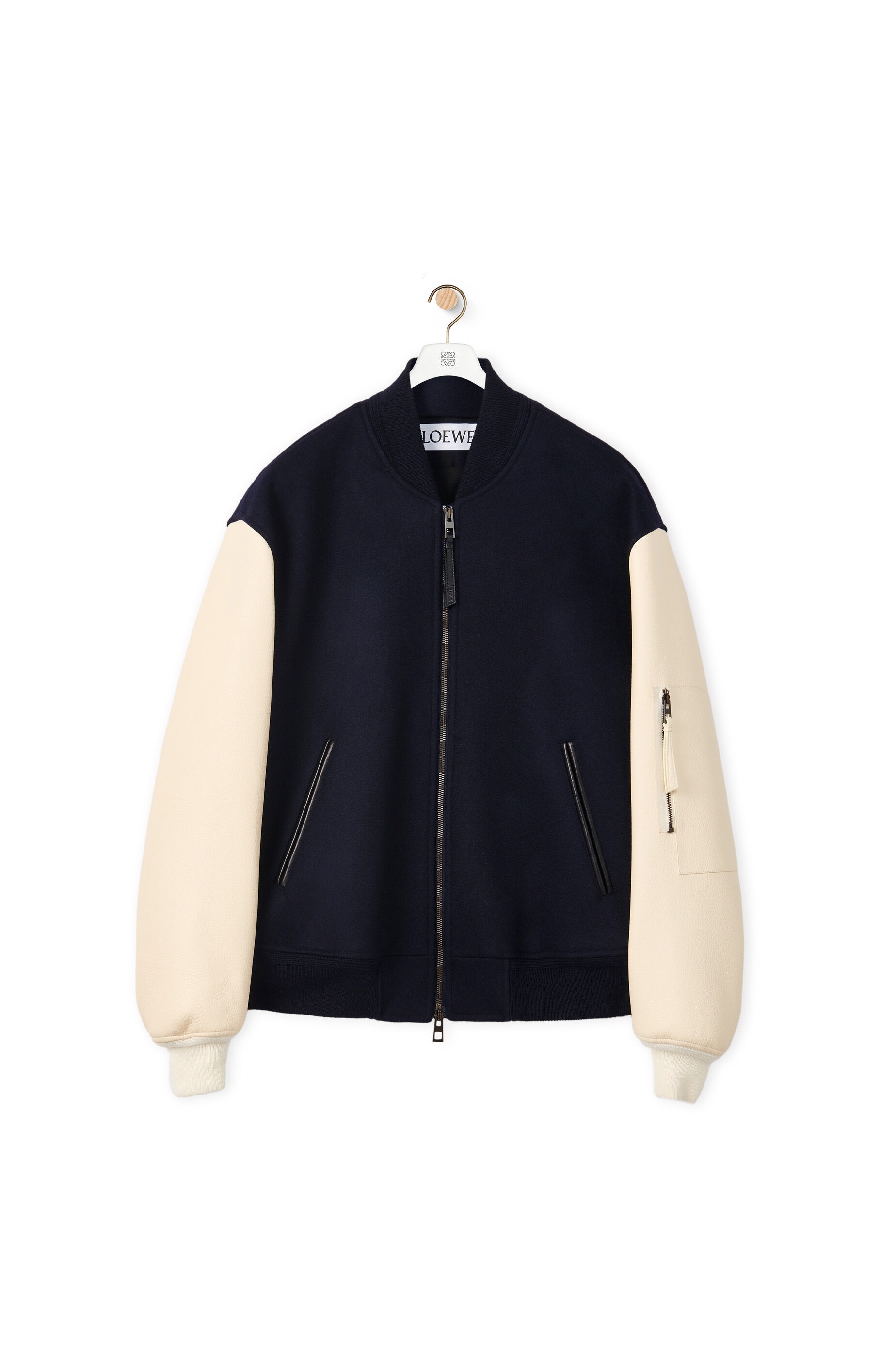 Leather sleeve bomber in wool - 1