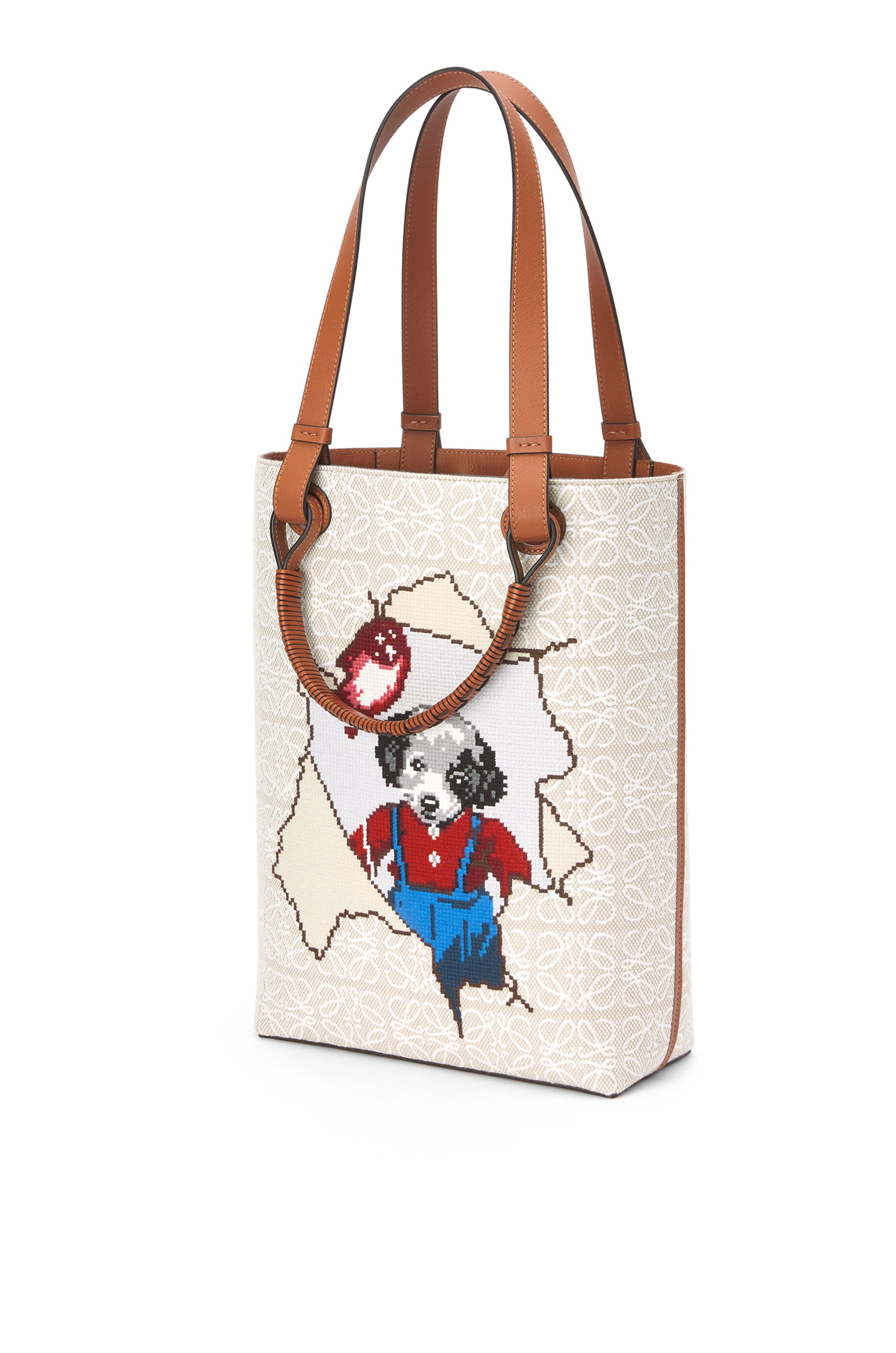 Puppy Double Handle Vertical Tote in jacquard and calfskin - 3