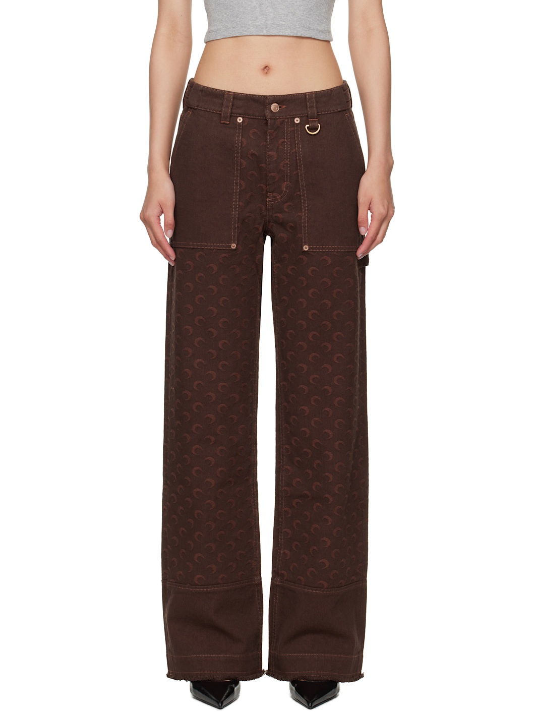Brown Moon Jacquard Twill Workwear Cargo Pants - 1