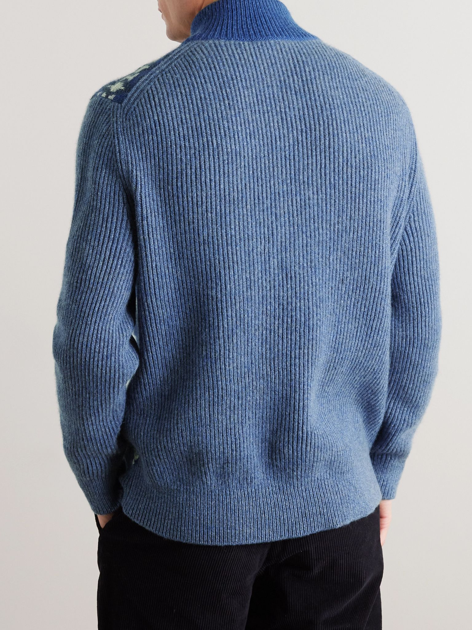 Fair Isle Ribbed-Knit Cashmere Half-Zip Sweater Blue - 3