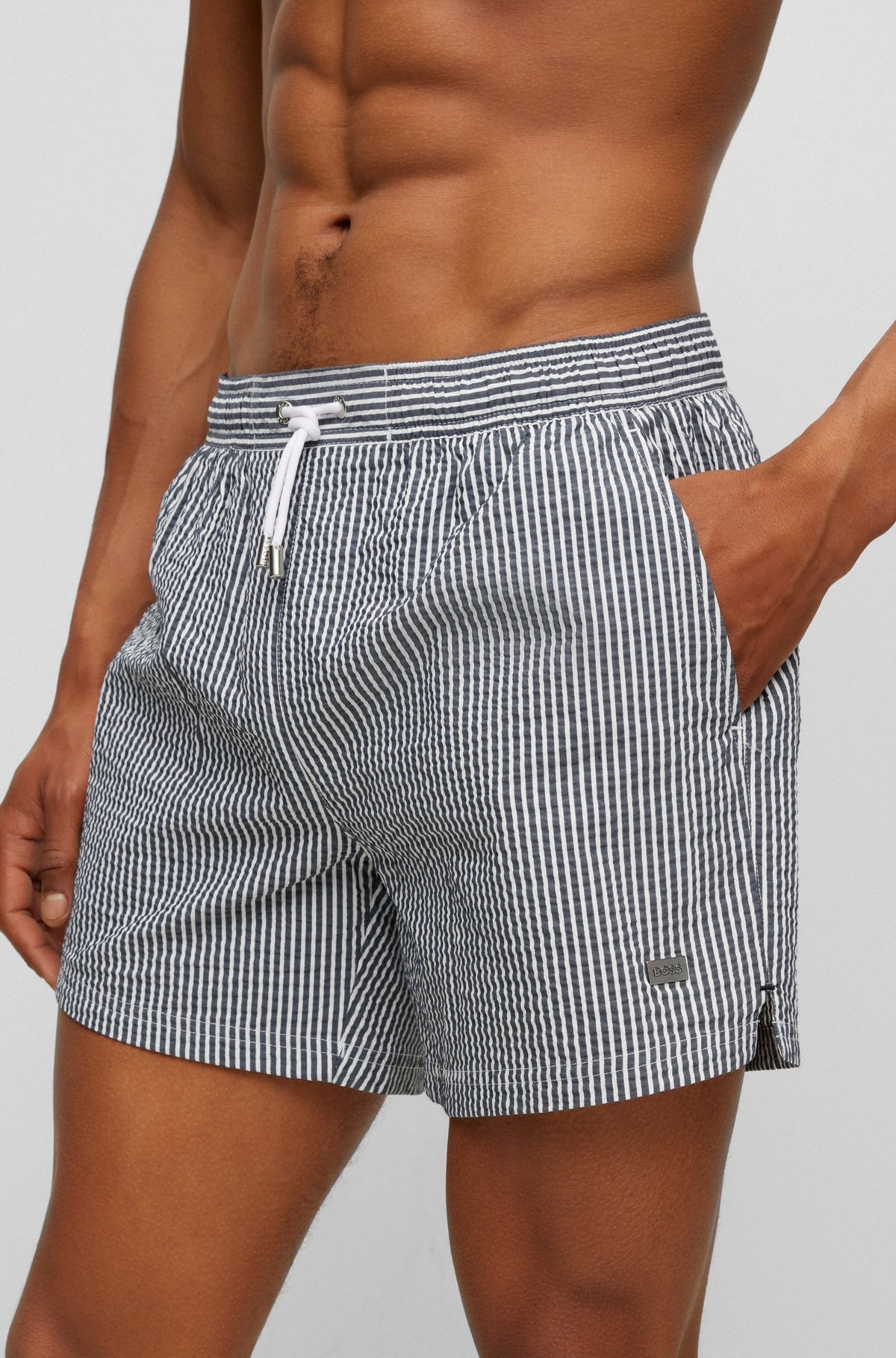 SEERSUCKER STRIPED SWIM SHORTS WITH LOGO BADGE - 3