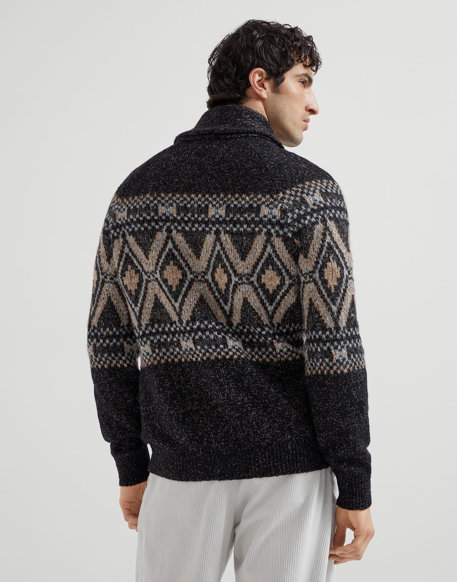 Geometric jacquard cardigan in mouliné virgin wool, silk and cashmere with metal buttons - 2