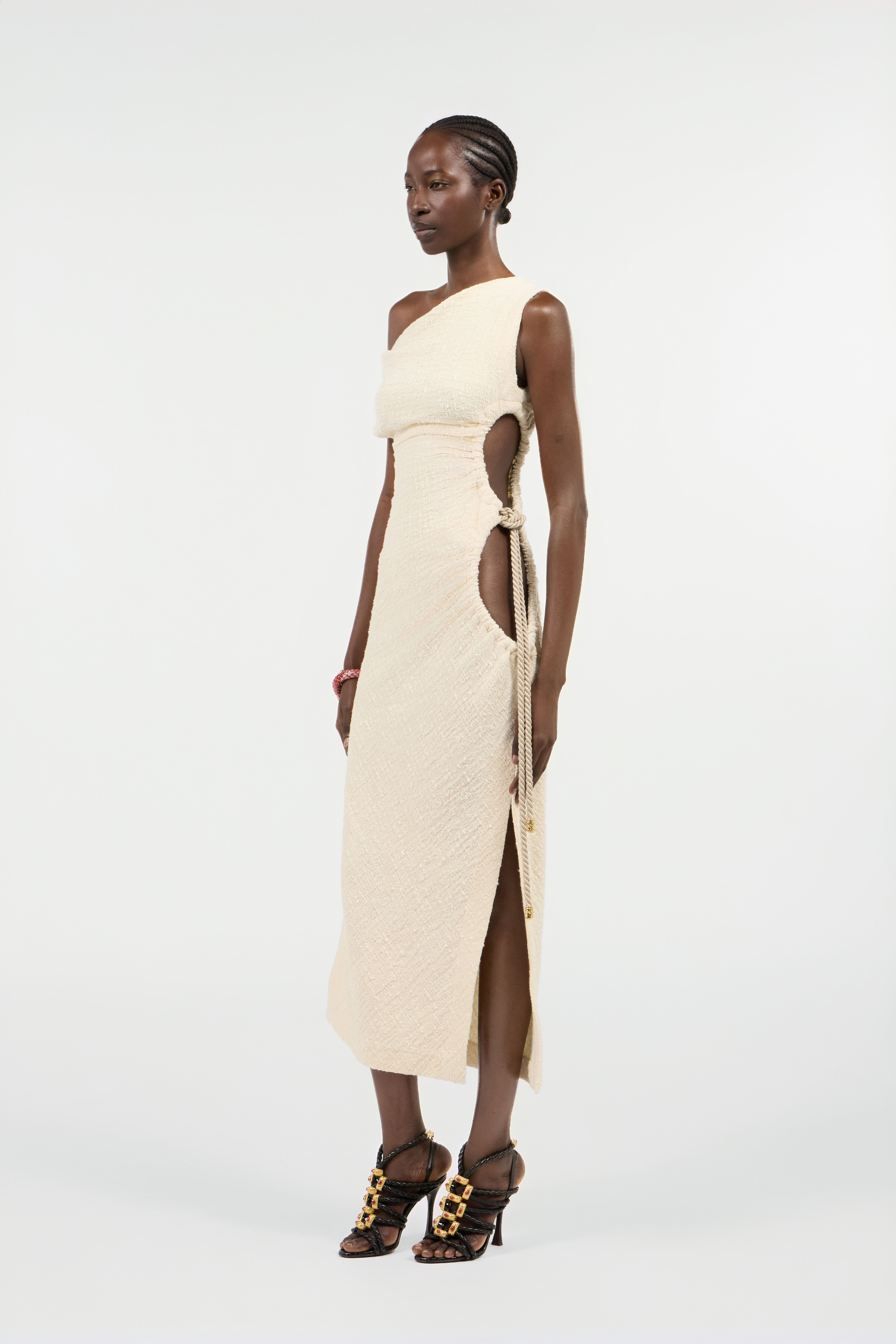 Ivory One-Shoulder Midi Dress with Cut-Out - 3