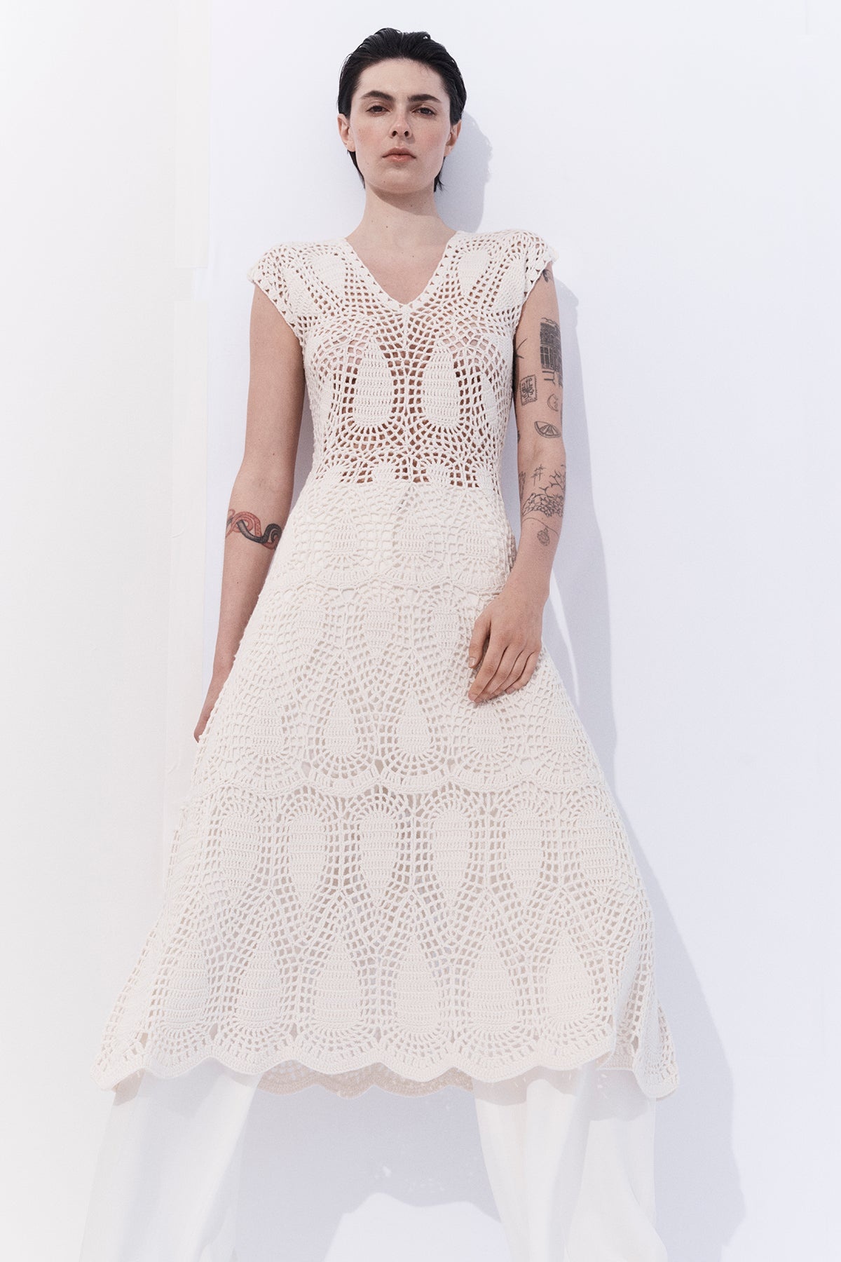 Waldman Crochet Dress in Ivory Wool Cashmere - 2