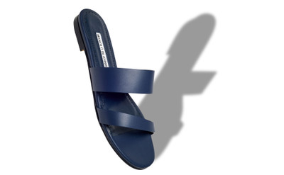 Manolo Blahnik Navy Blue Calf Leather Flat Sandals outlook