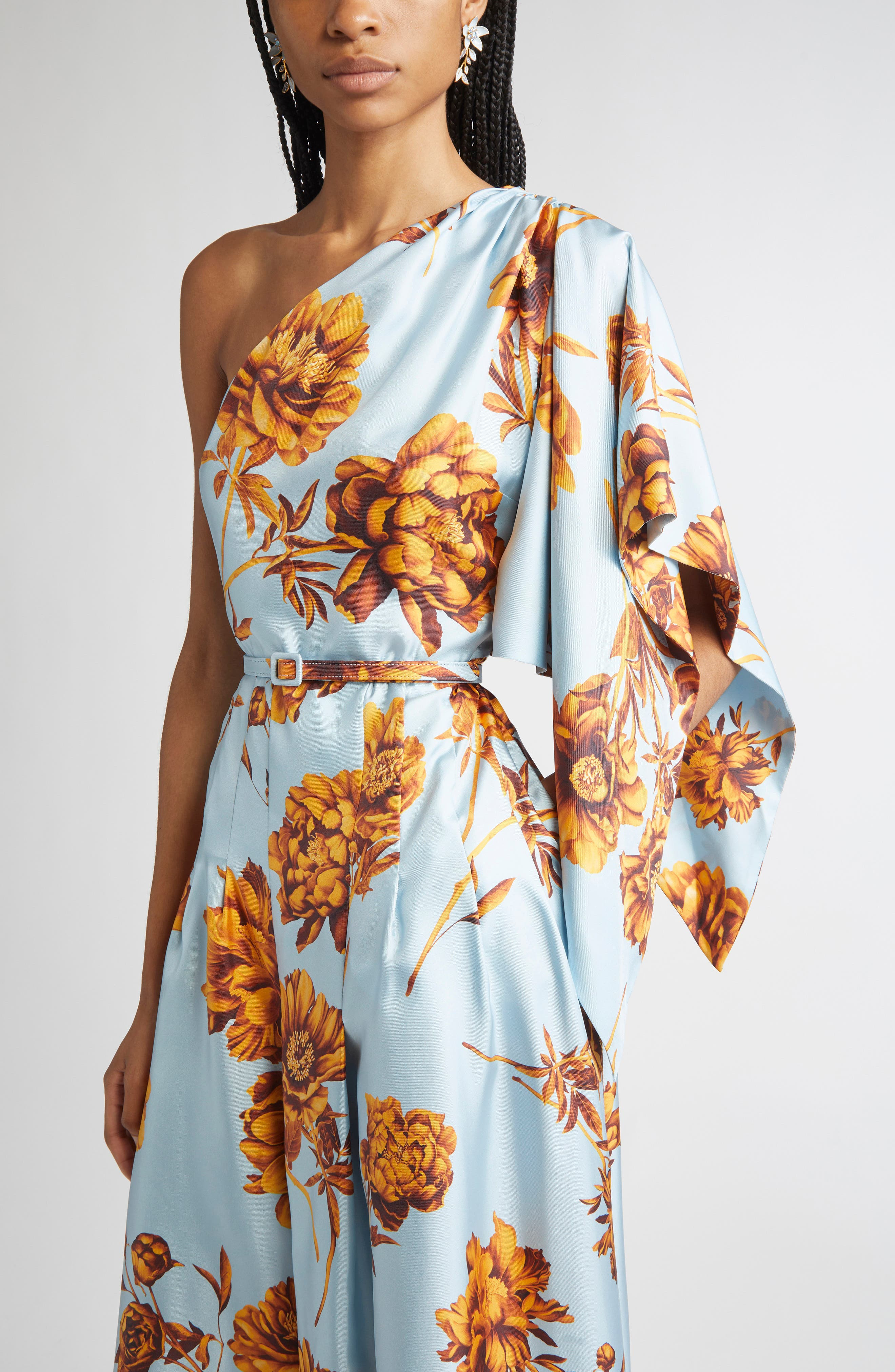 Oscar de la Renta Peony One-Shoulder Silk Twill Midi Dress in Brown/ice Blue at Nordstrom - 4
