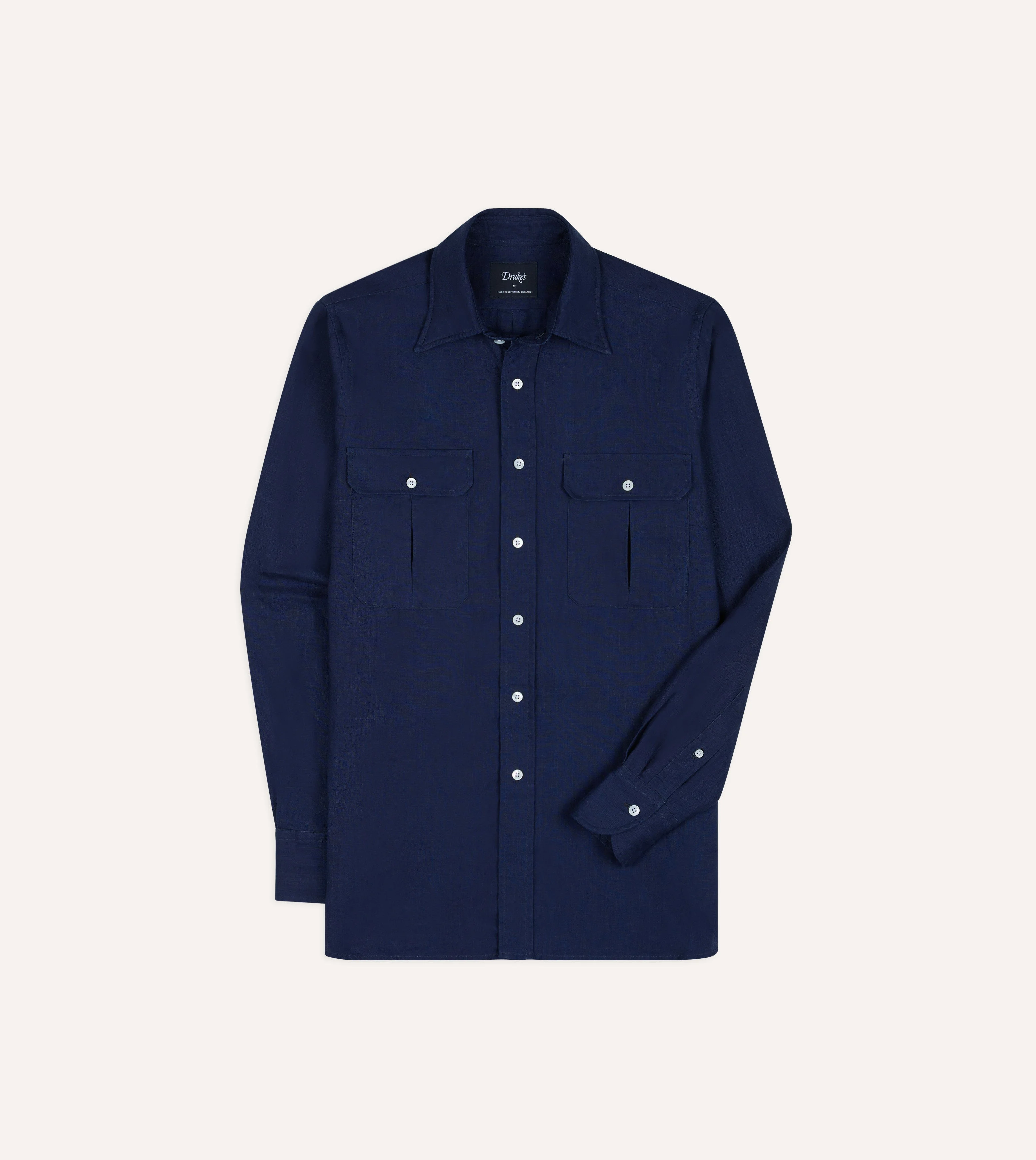 Indigo Linen Two-Pocket Long Point Collar Work Shirt - 1