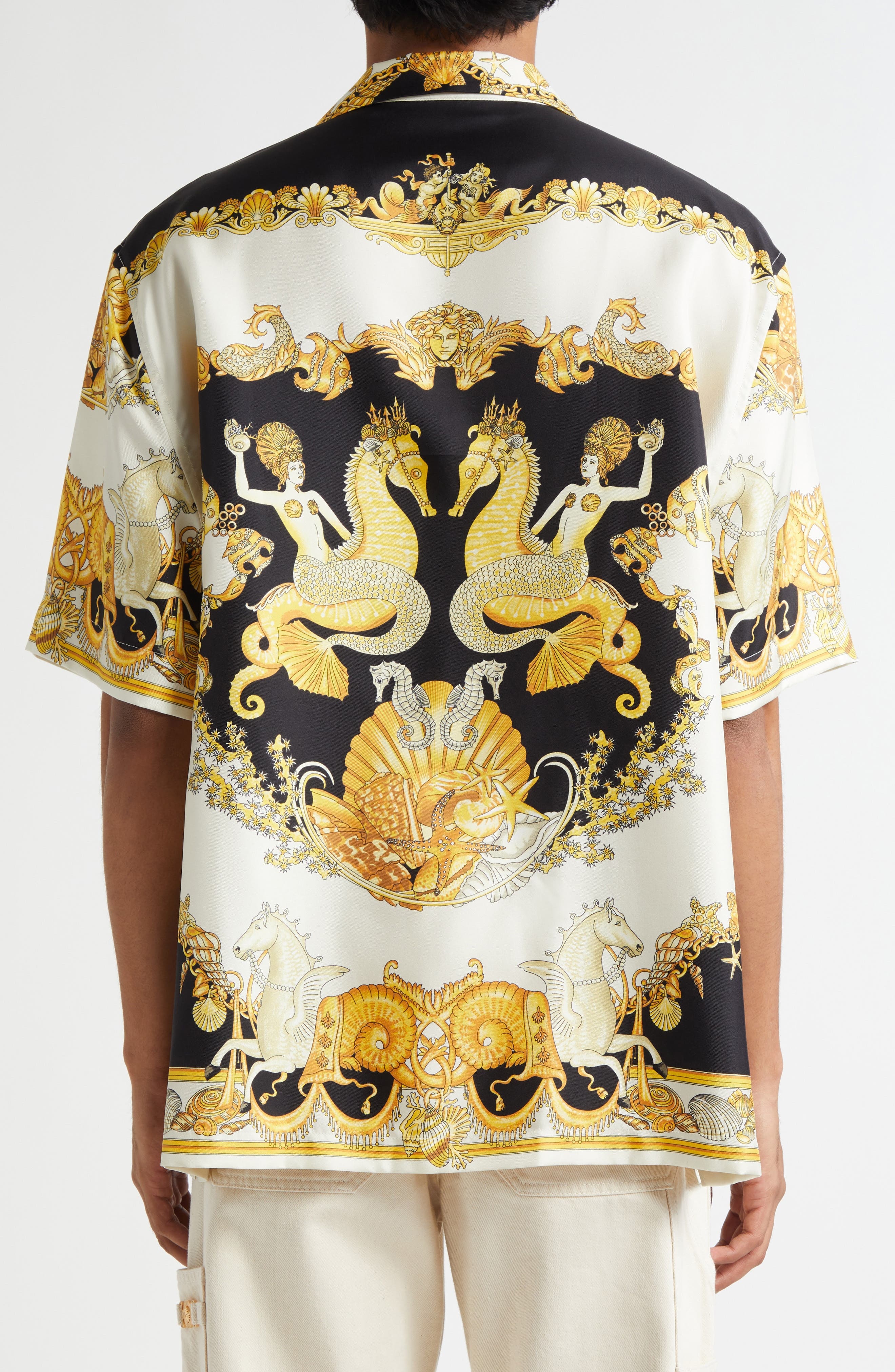 Versace Coral Theater Silk Twill Camp Shirt in Ivory Black Gold at Nordstrom - 3