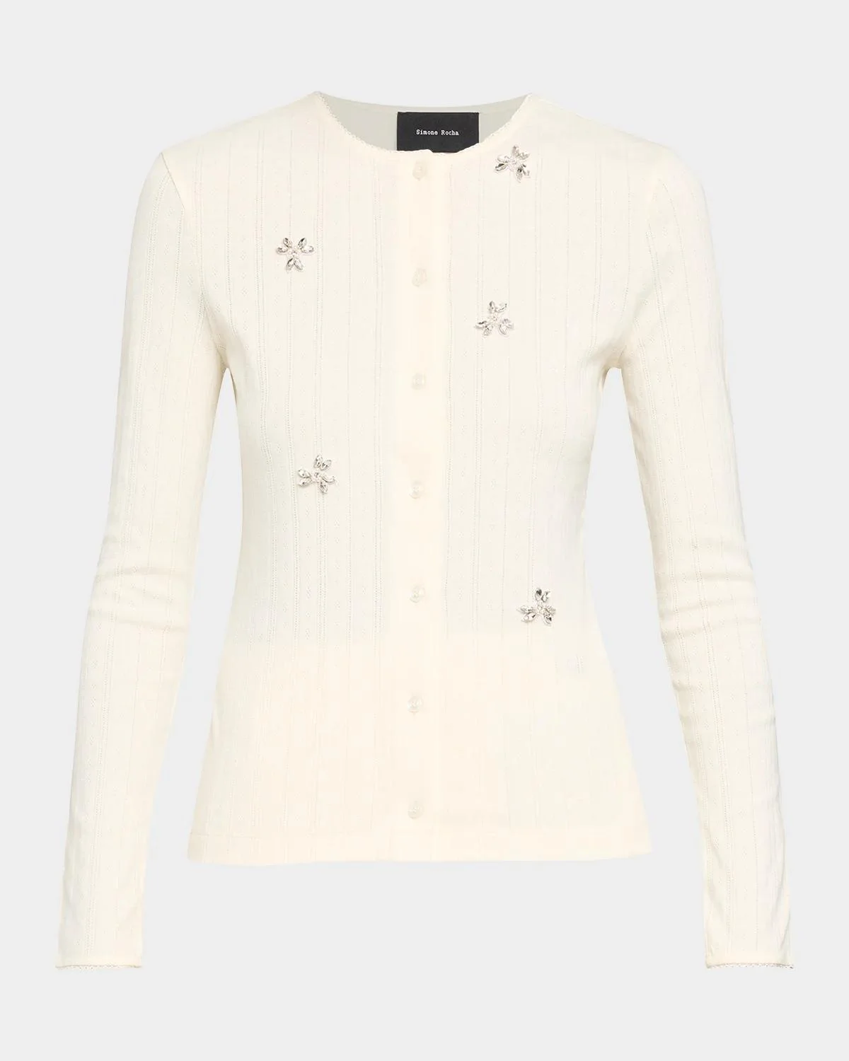Crystal Embellished Cotton Pointelle Crewneck Cardigan - 1