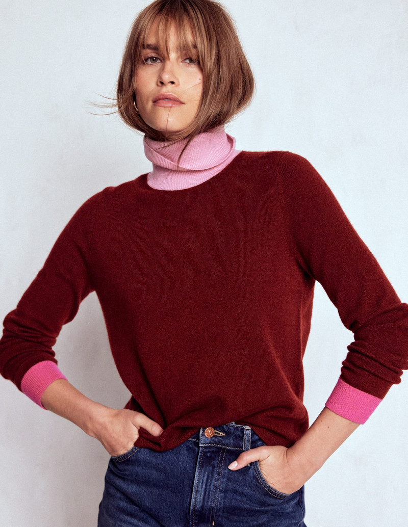 Eva Cashmere Roll Neck Sweater-Chestnut, Colour Block 5