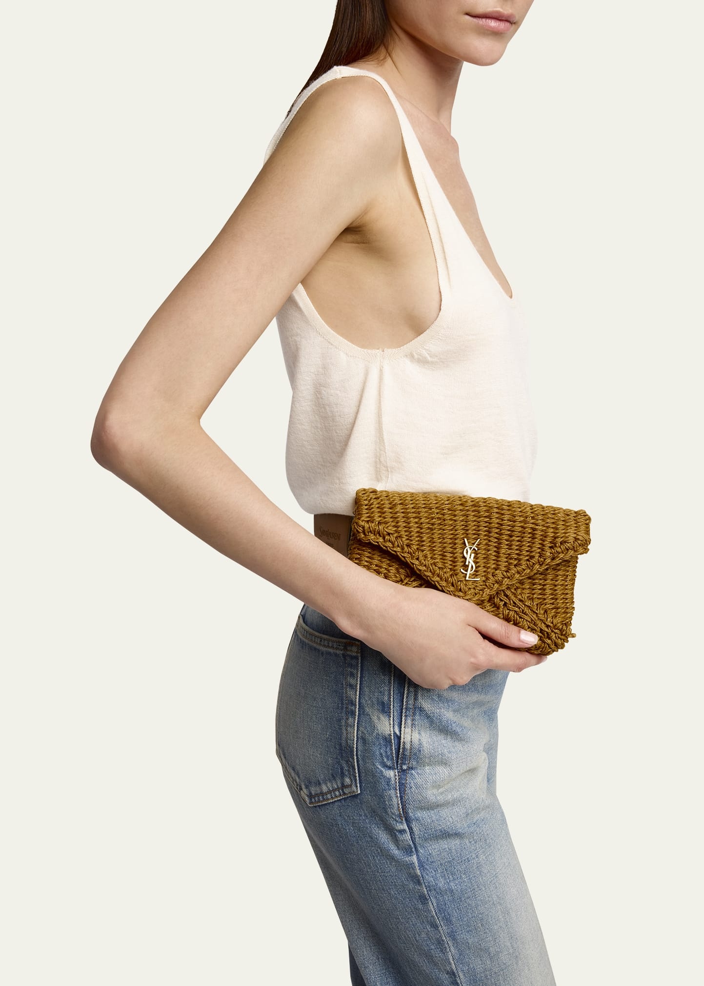 Cassandre Small YSL Pouch Clutch Bag in Raffia - 2