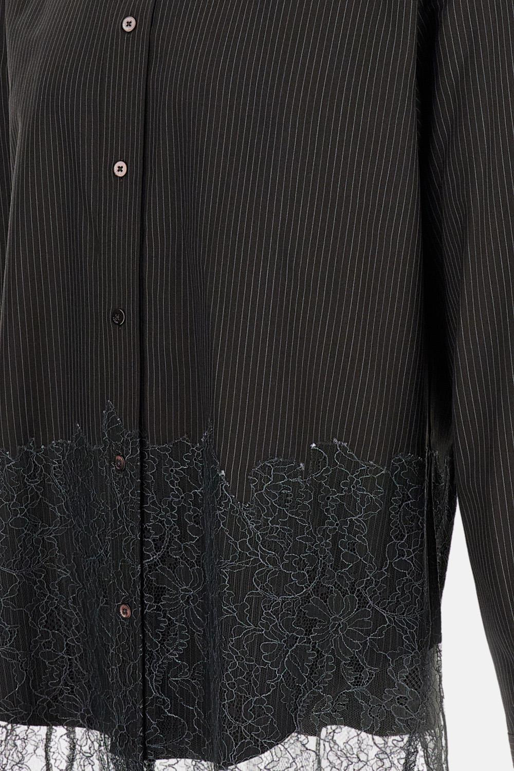 Pinstriped Wool Shirt in Black and Lace - 3