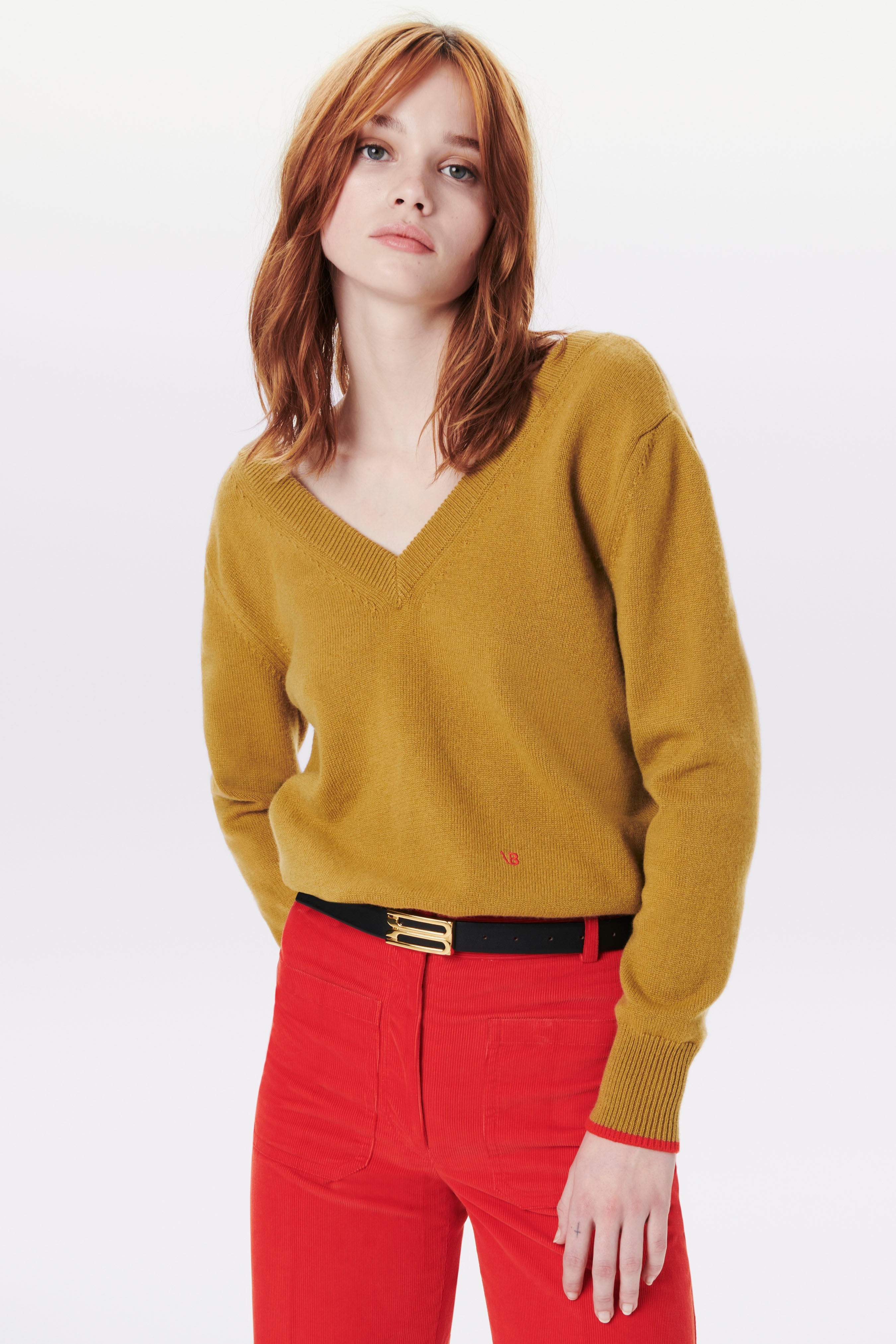 Double V-Neck Jumper in Olive Green - 3