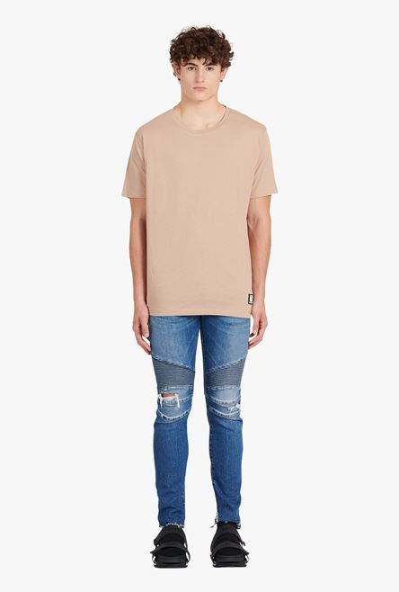 Oversized sand-colored eco-designed cotton T-shirt with black Balmain logo print - 4