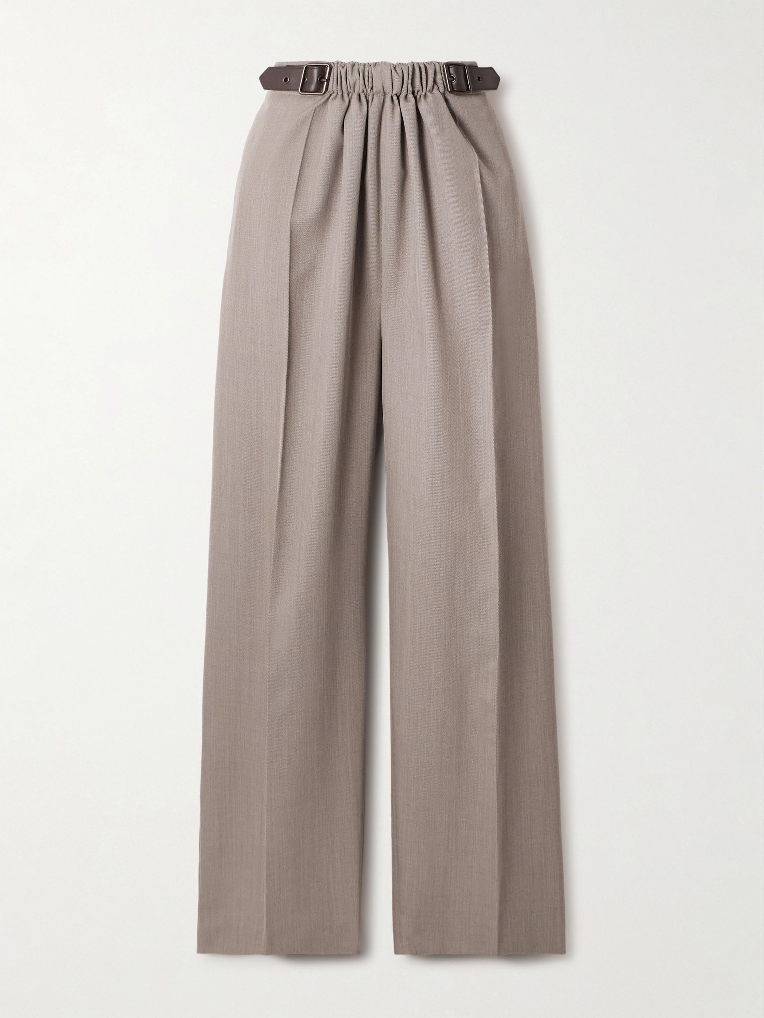 Leather-trimmed pleated wool-twill straight-leg pants Beige - 1