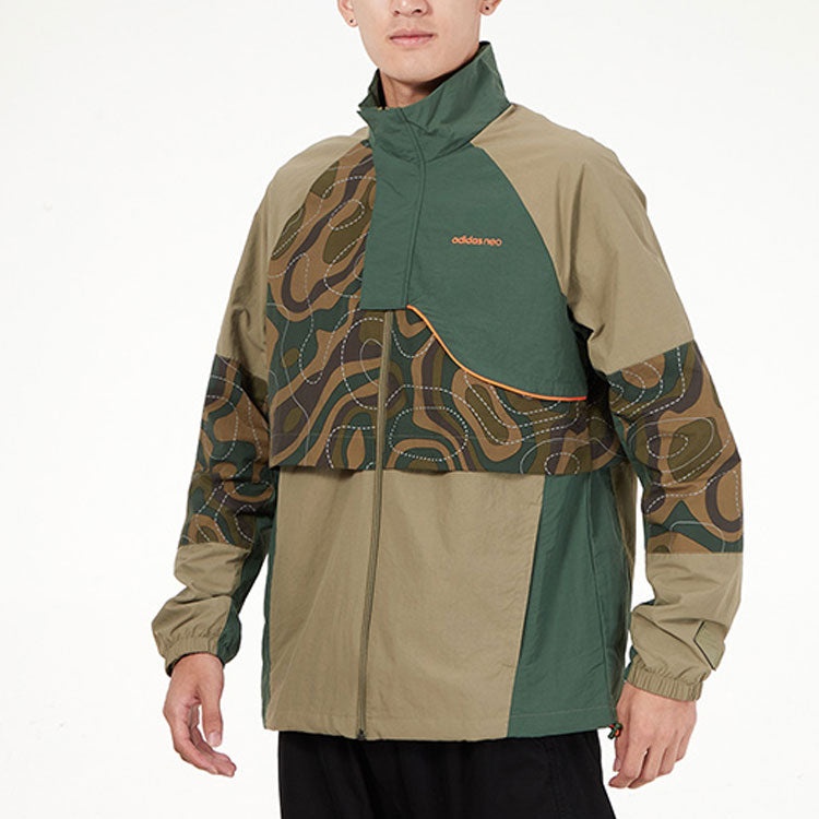 Men's adidas neo Cg Jk2 Contrast Color Stitching Sports Stand Collar Logo Jacket Military Green HE79 - 5