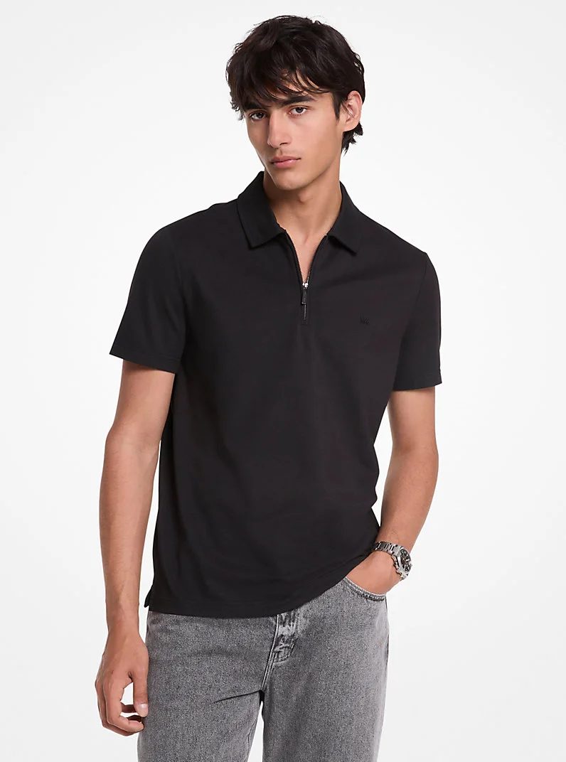 Cotton Blend Piqué Zip-Up Polo Shirt - 1
