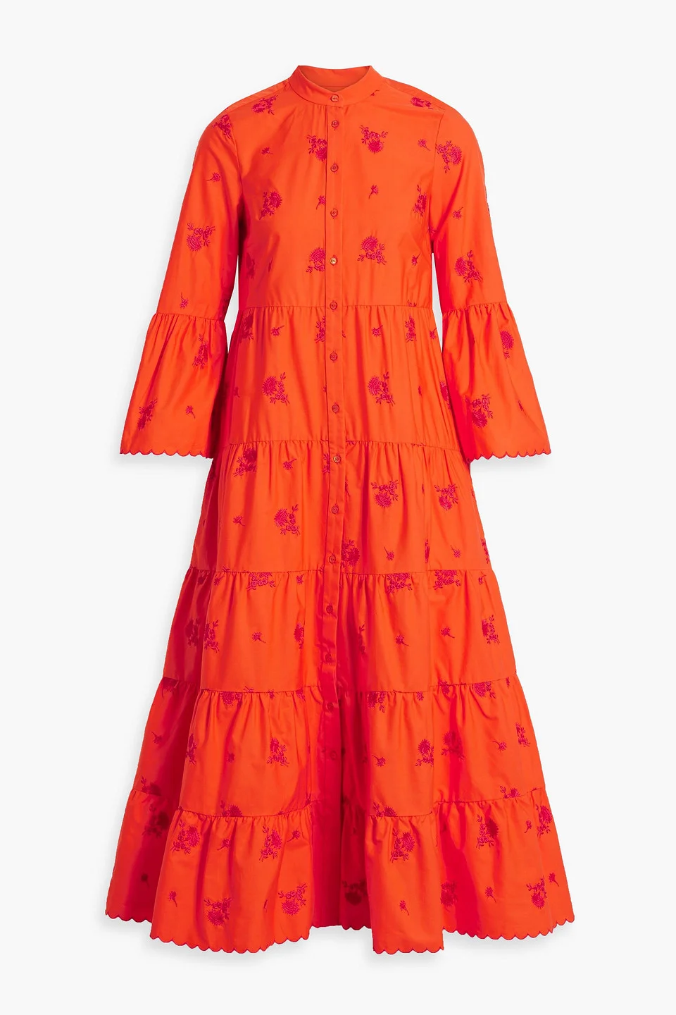 Tiered embroidered cotton-poplin midi shirt dress - 1