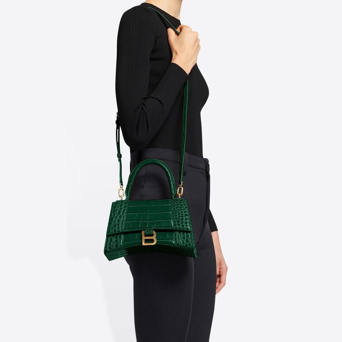 Women's Hourglass Small Handbag Crocodile Embossed in Forest Green - 6