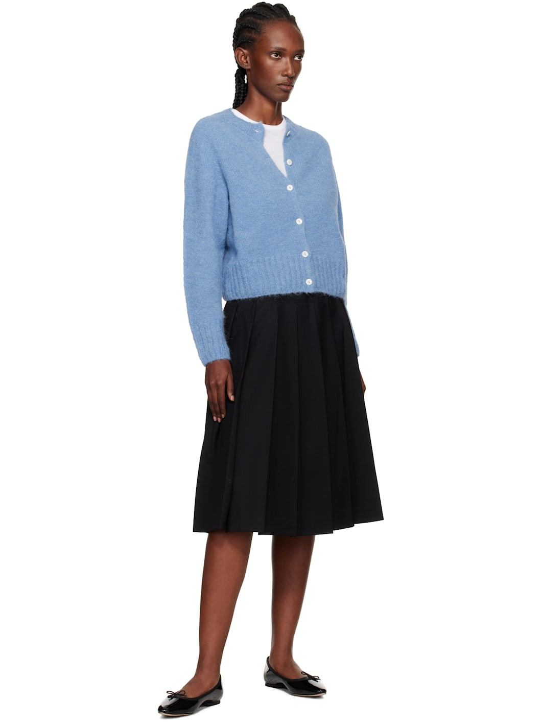 Black Wool Pleated Midi Skirt - 4