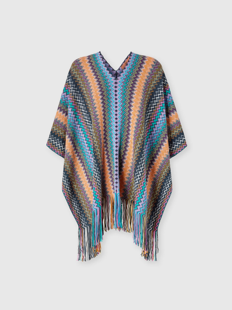 Wool-blend zigzag poncho with fringes 1