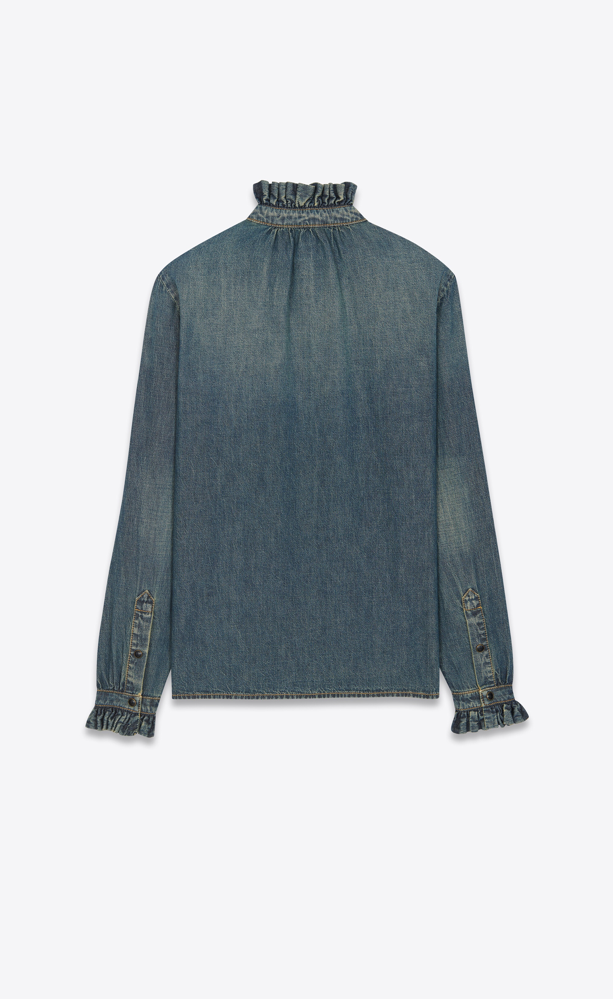 ruffled shirt in dirty medium vintage blue denim - 2