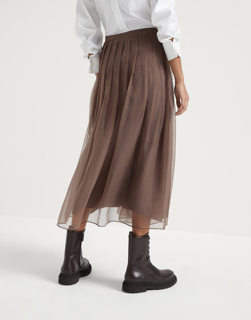 Brunello Cucinelli Crispy silk pleated midi skirt with shiny waistband outlook