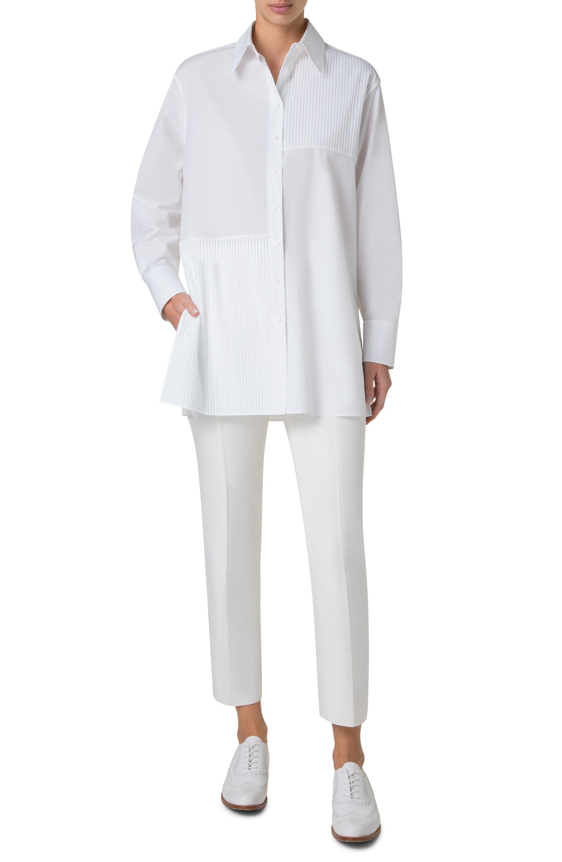 Akris Oversize Pleated Panel Cotton Voile Button-Up Shirt in Pure White at Nordstrom - 5