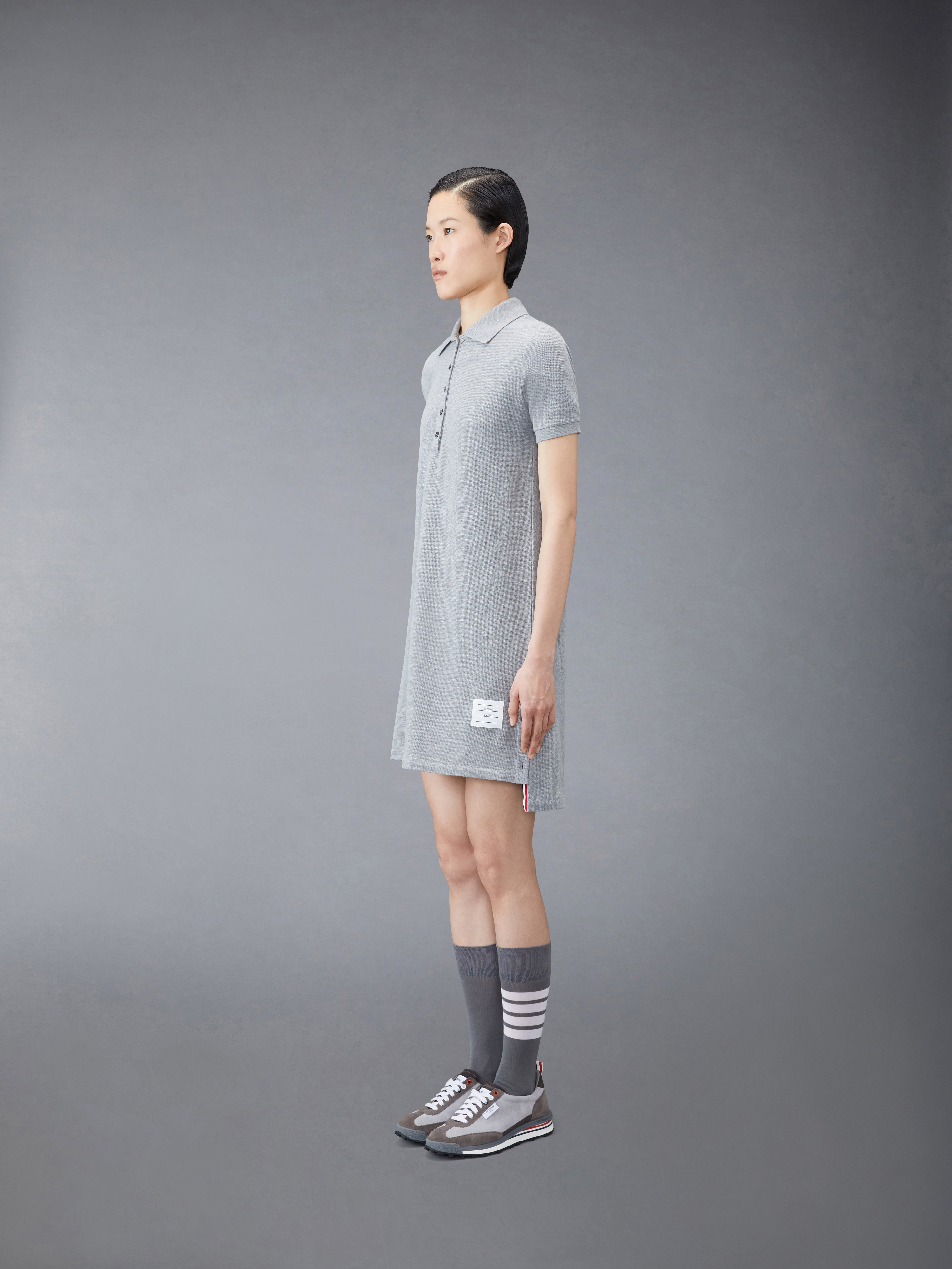 Light Grey Stripe Cotton Pique Fitted A-line Short Sleeve Polo Shirtdress - 2