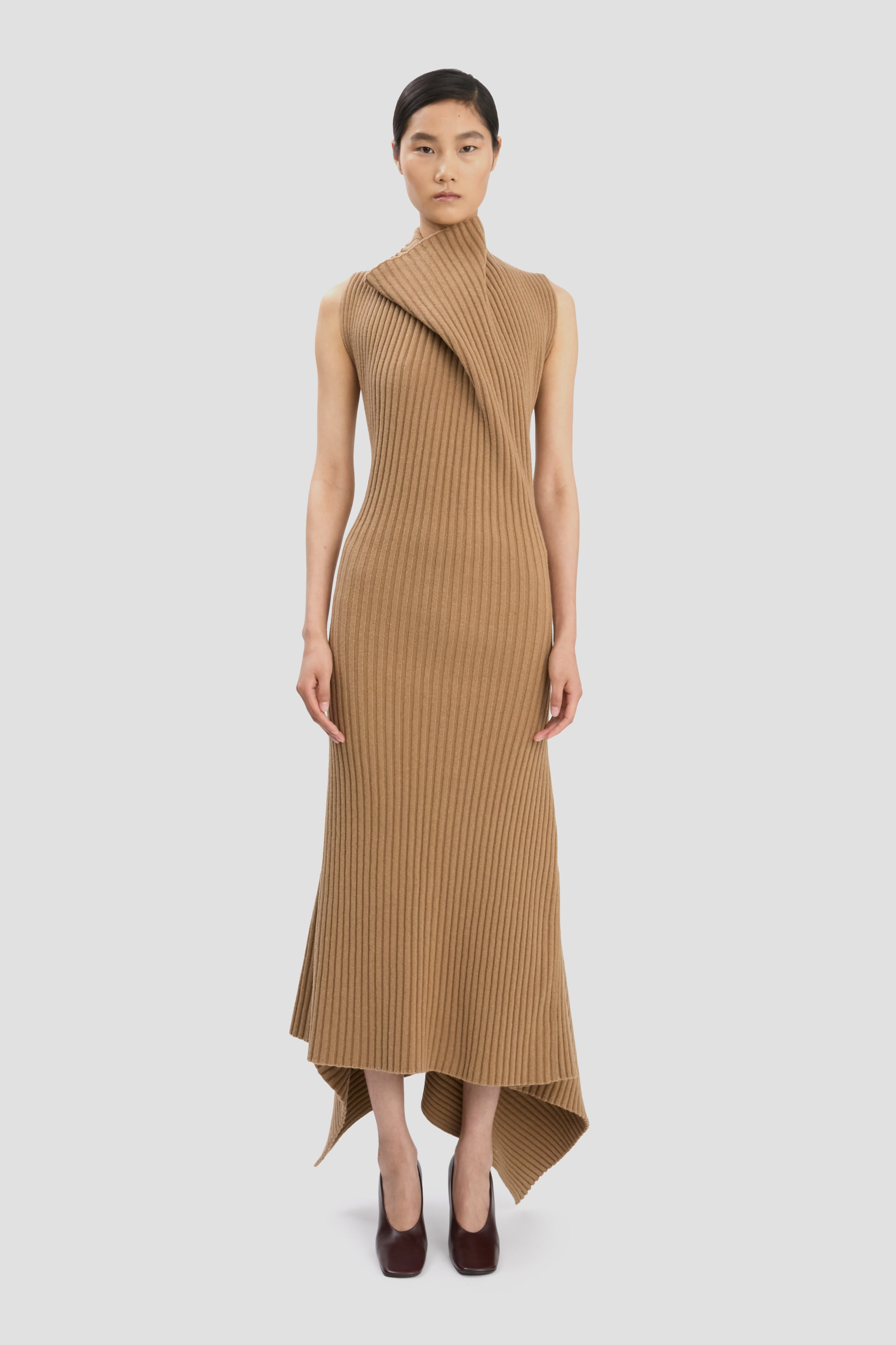 Draped Sleeveless Rib Midi Dress In Dark Camel - 2