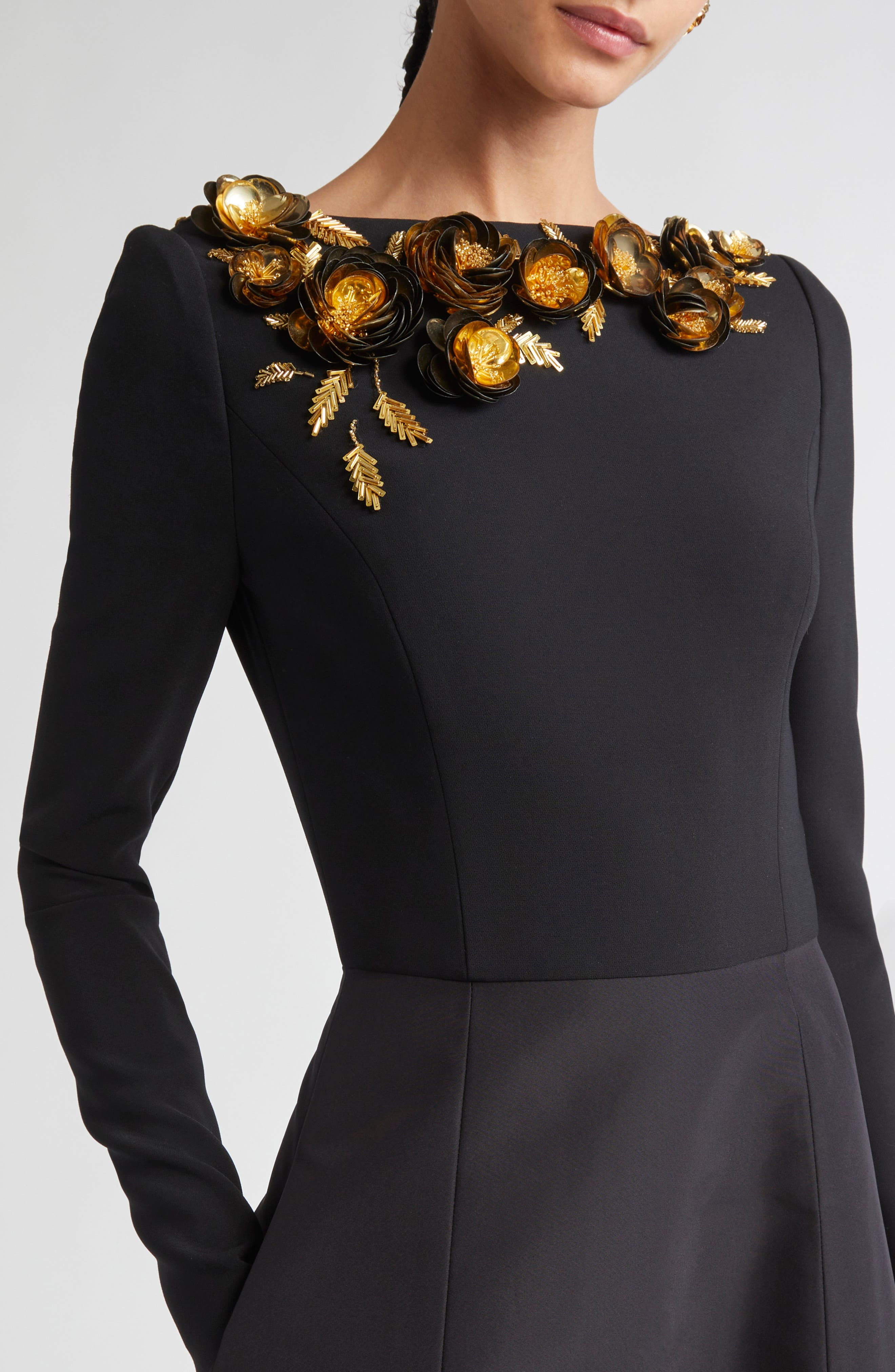 Carolina Herrera Floral Embellished Long Sleeve Midi Dress in Black Multi at Nordstrom - 4