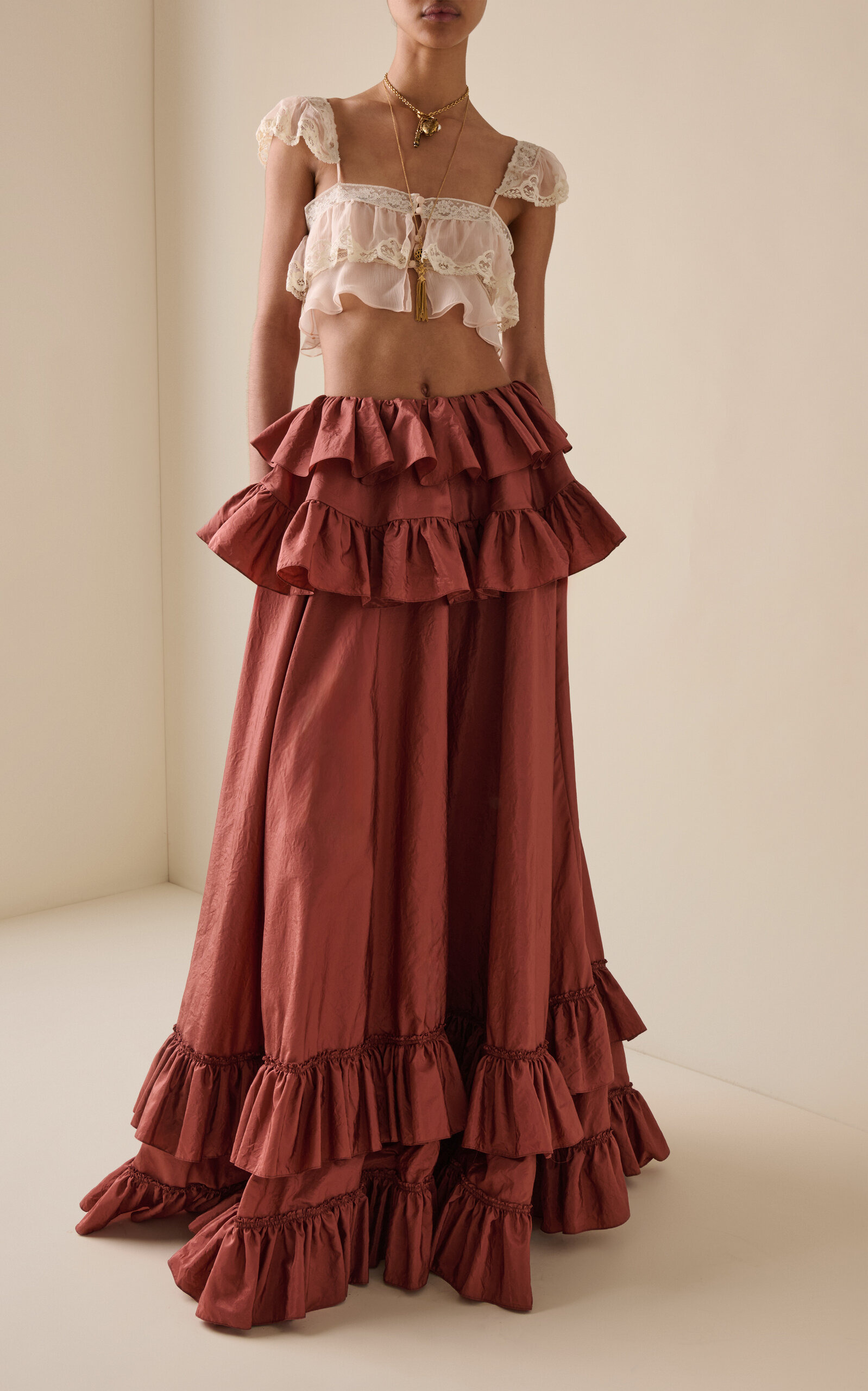 Ruffled Silk Taffeta Maxi Skirt pink - 2