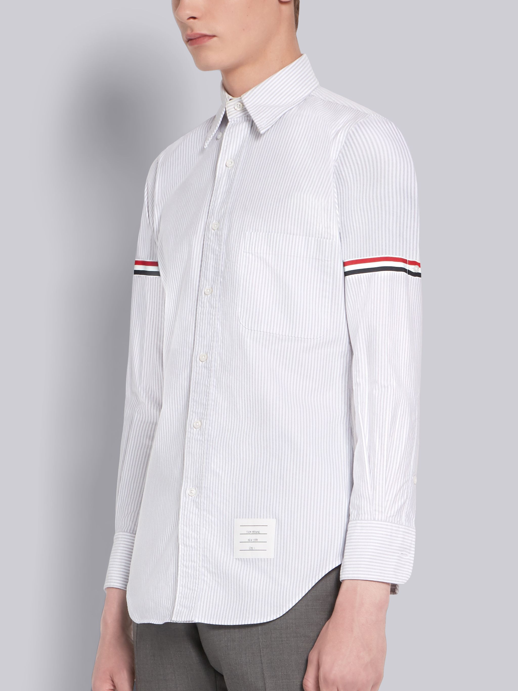 Medium Grey Oxford Cotton University Stripe Grosgrain Armband Shirt - 2