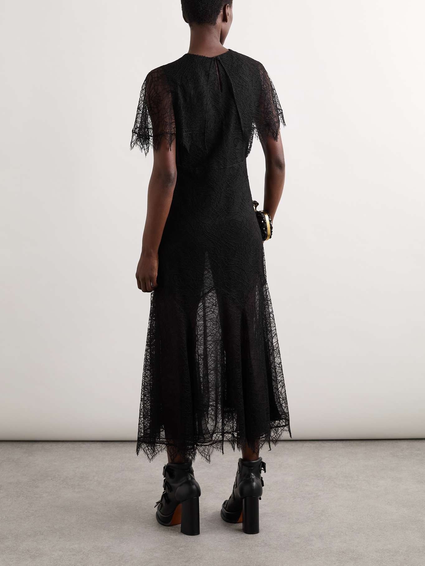 Cape-effect lace midi dress Black - 3