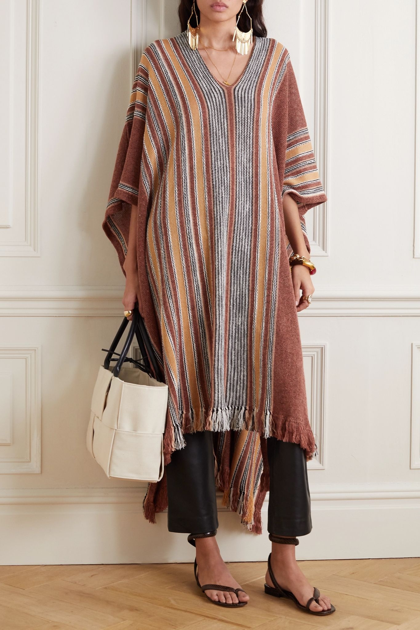 Striped linen-blend poncho - 2