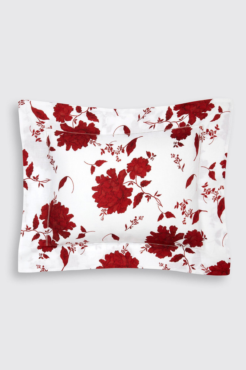 Amalia Pillow Slip in Red Peony Print on White Linen 1