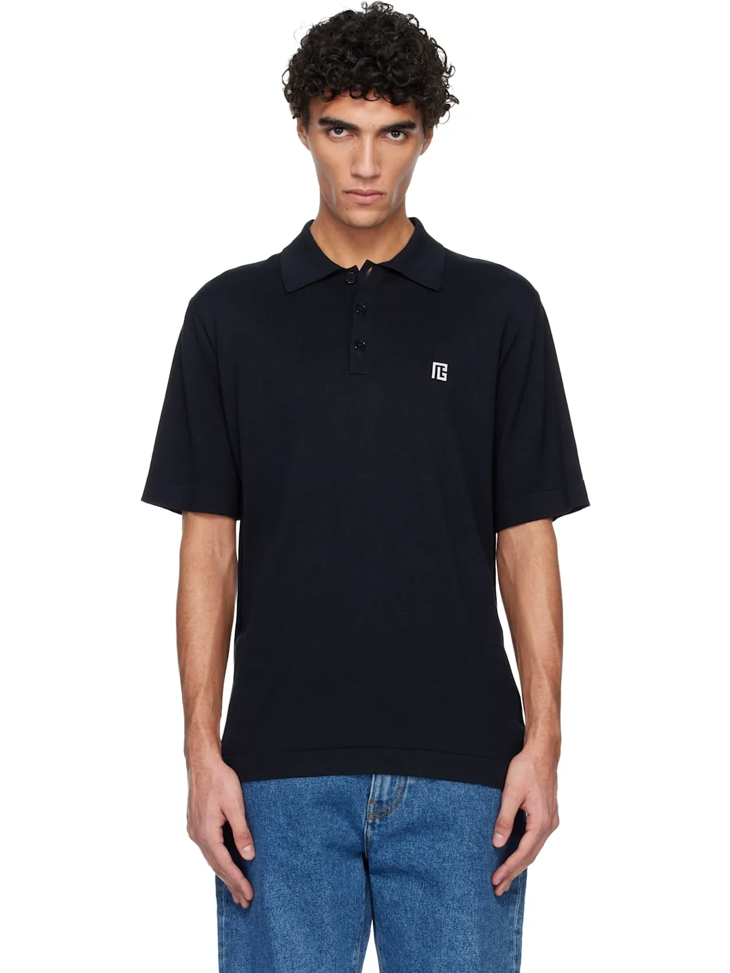 Navy Embroidered Cotton Polo - 1