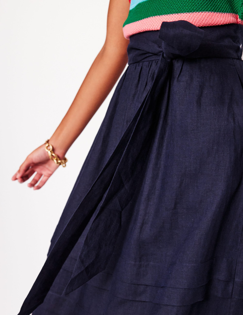 Pintuck Linen Midi Skirt-Navy 3