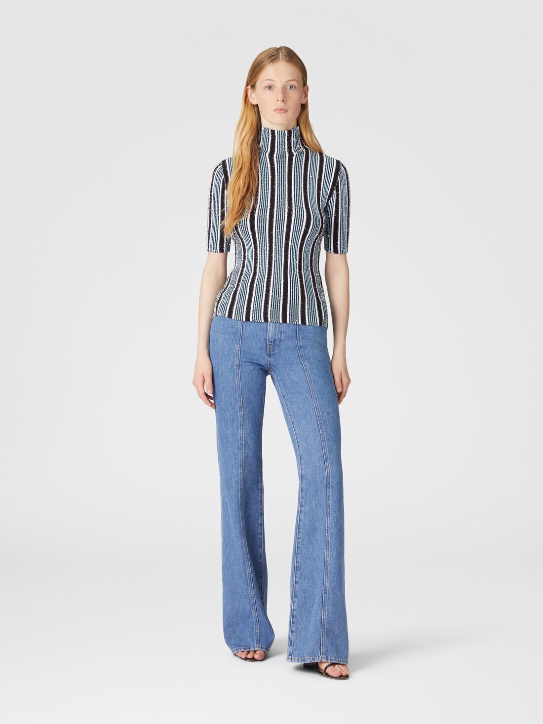 Short-sleeved striped turtleneck with sequins - 2