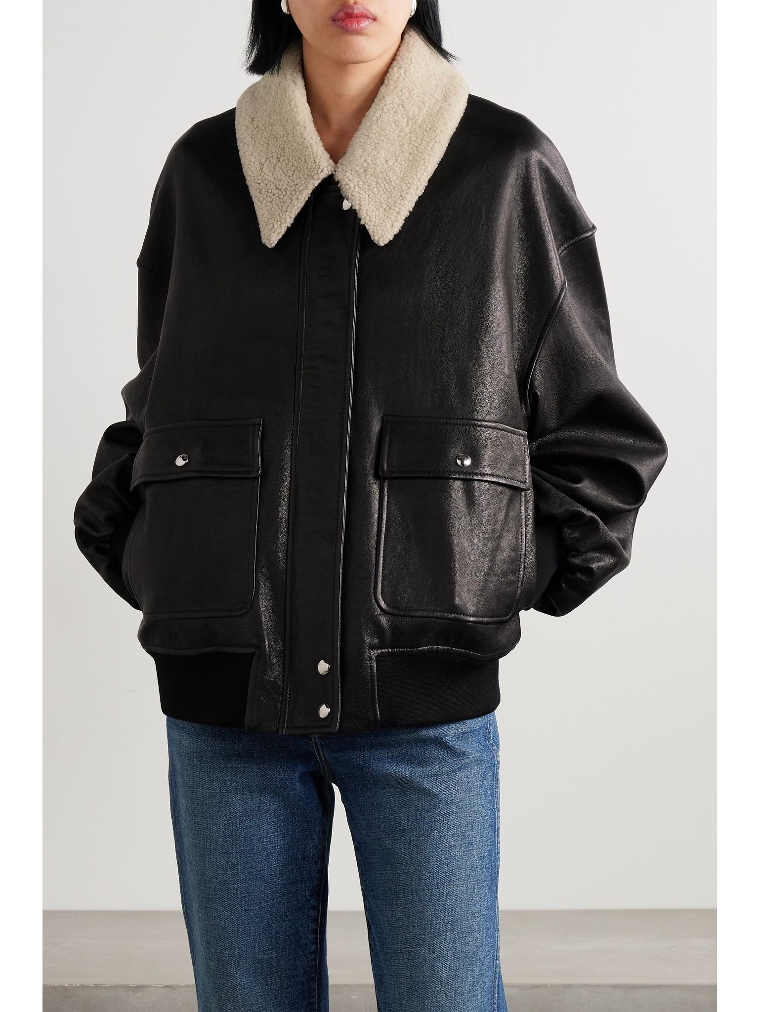 Shellar shearling-trimmed leather jacket Black - 3